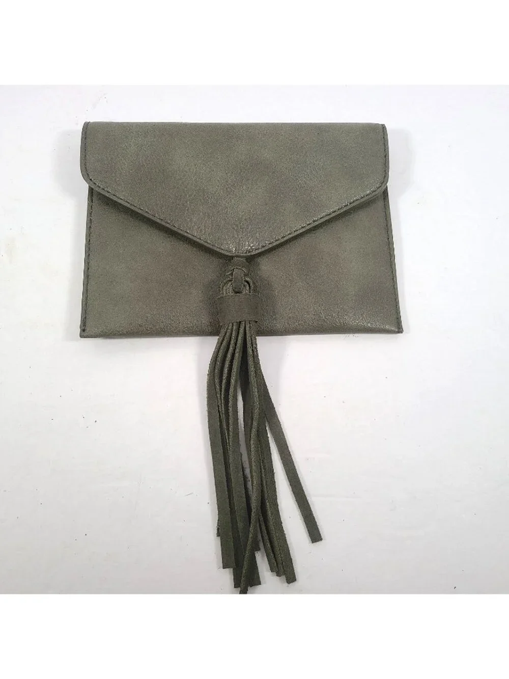 Anthropologie Tassel Envelope Clutch Bag Green Leather Boho Perforated Stitched